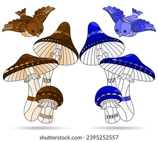 Set of illustrations in the style of stained glass with mushroom compositions and birds, mushrooms isolated on a white background, tone blue and brown