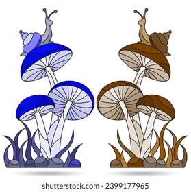 A set of illustrations in the style of stained glass with snails on mushrooms, isolated on a white background, tone blue and brown