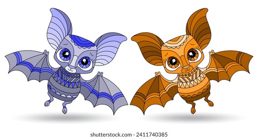 A set of illustrations in the style of stained glass with cartoon bats, animals isolated on a white background, tone blue and brown