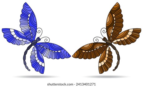 A set of illustrations in the style of stained glass with cute dragonflies, animals isolated on a white background, tone blue and brown