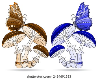 Set of illustrations in the style of stained glass with mushroom compositions and butterflies, mushrooms isolated on a white background, tone blue and brown