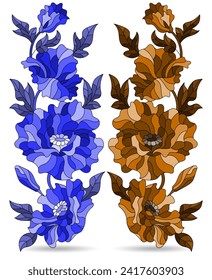 A set of illustrations in the style of stained glass with compositions of a poppies, flowers isolated on a white background, tone blue and brown