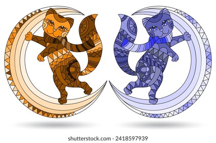 A set of illustrations in the style of a stained glass window with cats on the moon, animals isolated on a white background, tone blue and brown