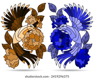 A set of illustrations in the style of stained glass with a birds on the branches of flowering plants, animals isolated on a white background, tone blue and brown