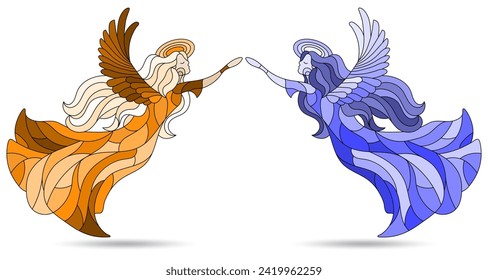 A set of illustrations in the style of stained glass with angel girls on a sky background, figures isolated on a white background, tone blue and brown