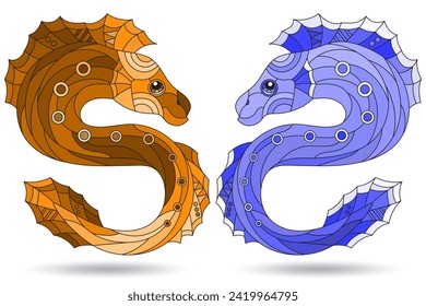 A set of illustrations in the style of a stained glass window with a fishes, animals isolated on a white background, tone blue and brown