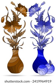 Set of illustrations in the style of stained glass with floral still lifes, vases with flowers isolated on a white background, tone blue and brown