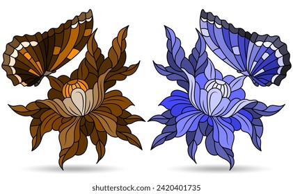 A set of illustrations in the style of stained glass with glass on flowers and butterflies, figures isolated on a white background, tone blue and brown