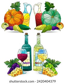 A set of illustrations in the style of stained glass with still lifes with wine and pumpkin, dark contours on a white background