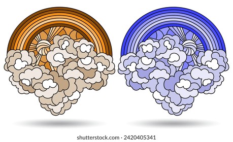 A set of illustrations in the style of stained glass with elements of celestial landscapes, isolated on a white background, tone blue and brown