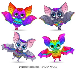 A set of illustrations in the style of stained glass with cartoon bats, animals isolated on a white background