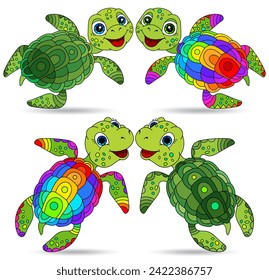 A set of illustrations in the style of stained glass with cute cartoon turtles, animals isolated on a white background