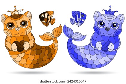 A set of illustrations in the style of stained glass with mermaid cats, animals isolated on a white background, tone blue and brown