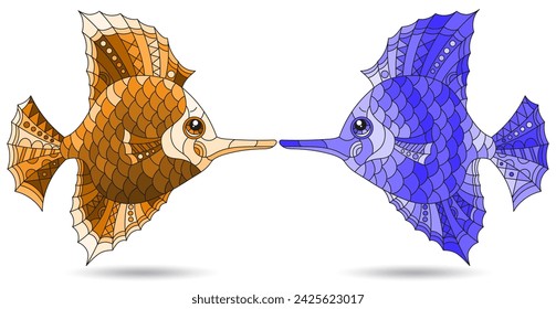 A set of illustrations in the style of a stained glass window with a fishes, animals isolated on a white background, tone blue and brown