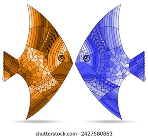 A set of illustrations in the style of a stained glass window with bright fish, animals isolated on a white background, tone blue and brown