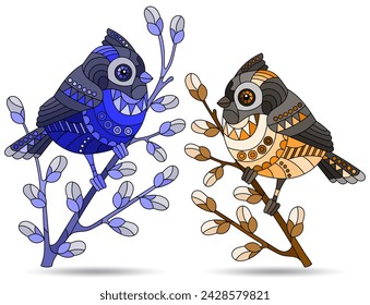 A set of illustrations in the style of stained glass windows with birds on branches, animals isolated on a white background, tone blue and brown