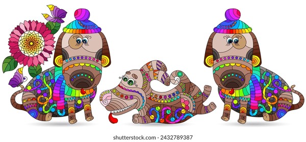 A set of illustrations in the style of stained glass with cute dogs, animals isolated on a white background