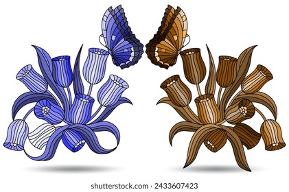 A set of illustrations in the style of stained glass with bouquets of tulips and butterflies, isolated on a white background, tone blue and brown
