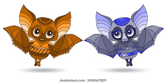 A set of illustrations in the style of stained glass with cartoon bats, animals isolated on a white background, tone blue and brown