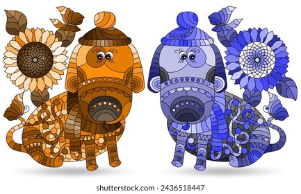 A set of illustrations in the style of stained glass with cute dogs, animals isolated on a white background, tone blue and brown