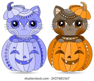 A set of illustrations in the style of stained glass for Halloween with cute cats in a pumpkin, animals isolated on a white background, tone blue and brown