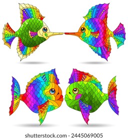 Eine Reihe von Illustrationen im Stil eines Buntglasfensters mit hellen Regenbogenfischen, Tiere isoliert auf einem weißen Hintergrund