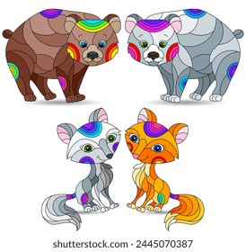 Set of illustrations in the style of stained glass with cute cartoon foxes, isolate animals on a white background