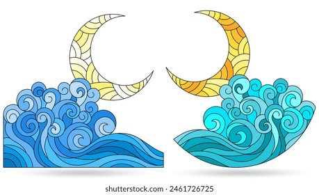 A set of illustrations in the style of stained glass with seascapes, isolated on a white background