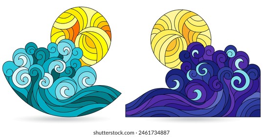 A set of illustrations in the style of stained glass with seascapes, isolated on a white background