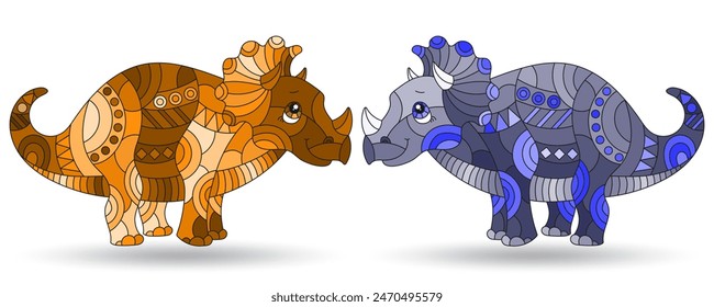 Un conjunto de ilustraciones en el estilo de vitrales con un dinosaurio triceratopos, animales aislados sobre un fondo blanco, tono azul y marrón