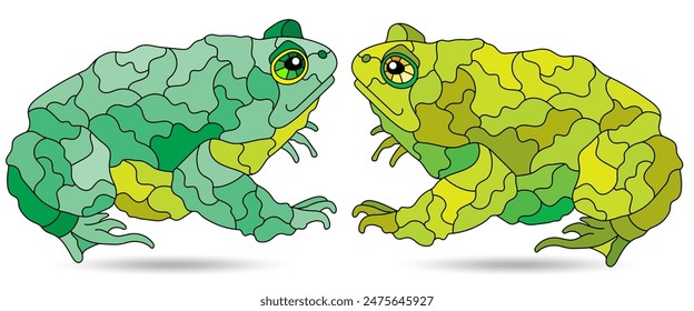 A set of illustrations in the style of stained glass with toads , animals isolated on a white background