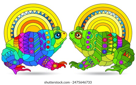 A set of illustrations in the style of stained glass with toads , animals isolated on a white background