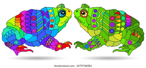 A set of illustrations in the style of stained glass with toads , animals isolated on a white background