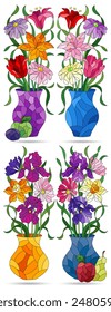 Un conjunto de ilustraciones en el estilo de vitrales con bodegones florales, flores aisladas sobre un fondo blanco