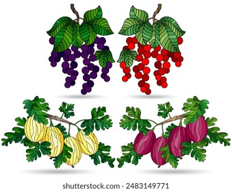 Un conjunto de ilustraciones en el estilo de vitrales con ramas de grosella y grosella, aisladas sobre un fondo blanco