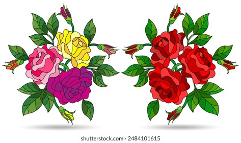 Eine Reihe von Illustrationen im Stil von Buntglas mit Kompositionen von Rosenblumen, isoliert auf einem weißen Hintergrund