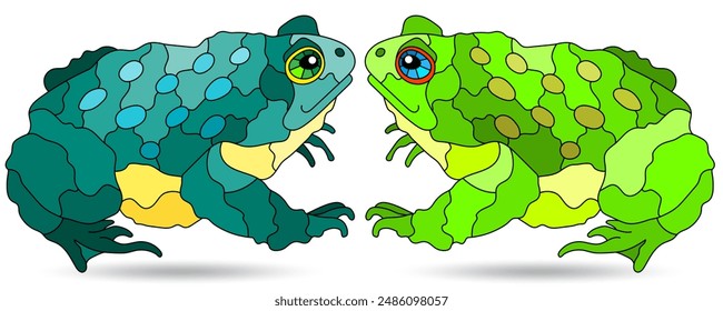 A set of illustrations in the style of stained glass with toads , animals isolated on a white background