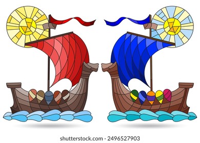 A set of illustrations in the style of stained glass with Viking boats, isolated on a white background