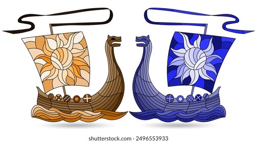 A set of illustrations in the style of stained glass with Viking boats, isolated on a white background, tone blue and brown