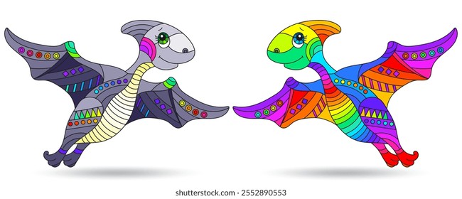 A set of illustrations in the style of stained glass with bright dinosaurs, animals isolated on a white background