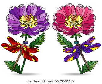 A set of illustrations in the style of stained glass with dragonflies on flowers, figures isolated on a white background