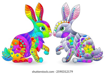 A set of illustrations in the style of stained glass with cute rabbits, isolated on a white background