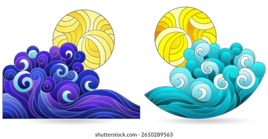 A set of illustrations in the style of stained glass with seascapes, isolated on a white background