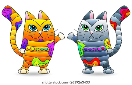 A set of illustrations in the style of stained glass with cute cats, animals isolated on a white background