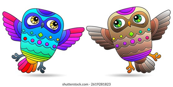 A set of illustrations in the style of stained glass with bright cartoon owls, animals isolated on a white background