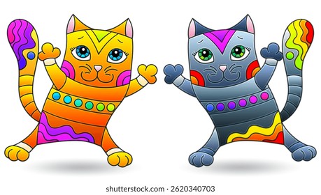 A set of illustrations in the style of stained glass with cute cats, animals isolated on a white background