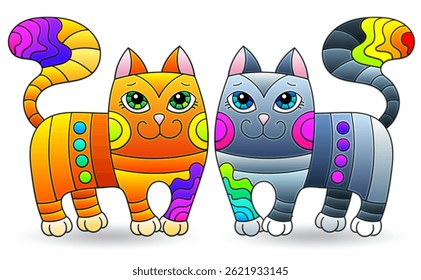 A set of illustrations in the style of stained glass with cute cats, animals isolated on a white background