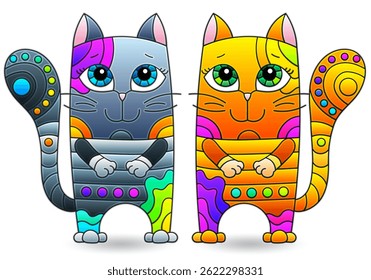 A set of illustrations in the style of stained glass with cute cats, animals isolated on a white background