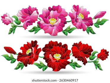 A set of illustrations in the style of stained glass with compositions of bright poppies, flowers isolated on a white background