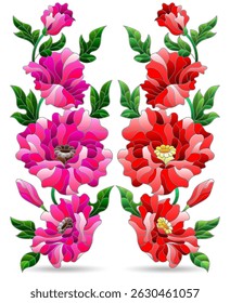 A set of illustrations in the style of stained glass with compositions of bright poppies, flowers isolated on a white background